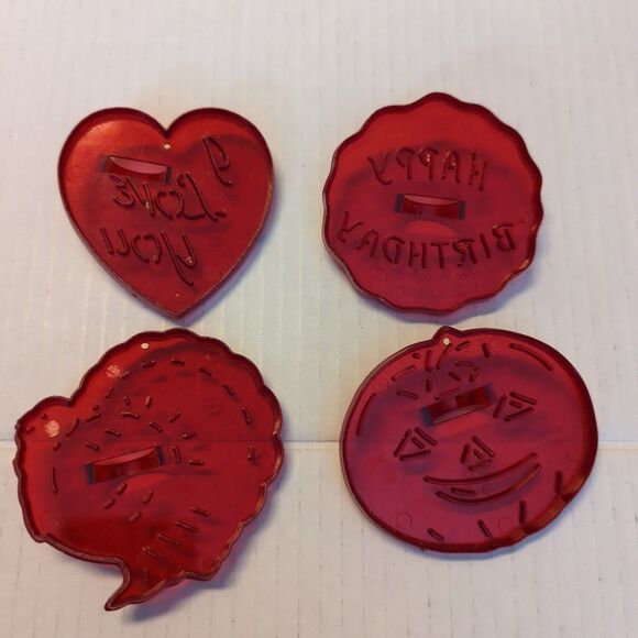 HRM Red Plastic Cookie Cutters Lot 4 Pumpkin Heart Turkey Happy Birthday - Picture 2 of 4